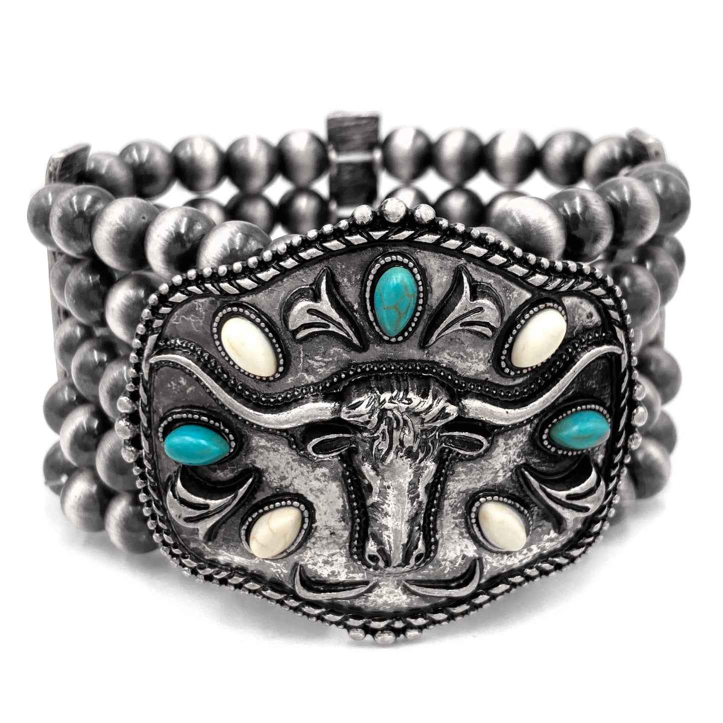 Metal Longhorn Western Trophy Buckle Chunky Beaded Cuff