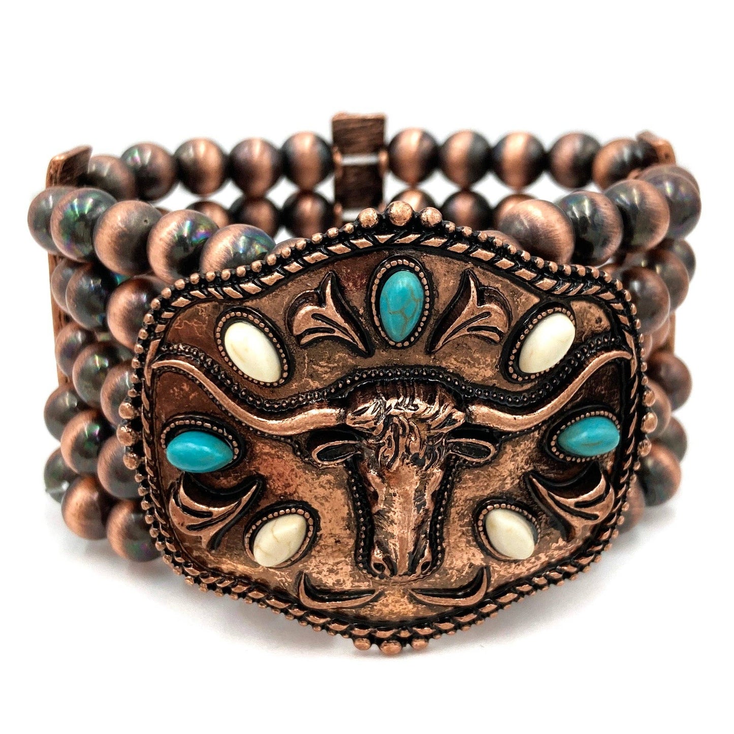 Metal Longhorn Western Trophy Buckle Chunky Beaded Cuff