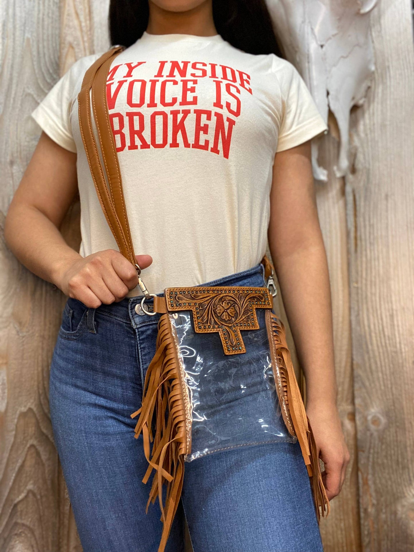 Aztec Tan Fringe Clear Crossbody