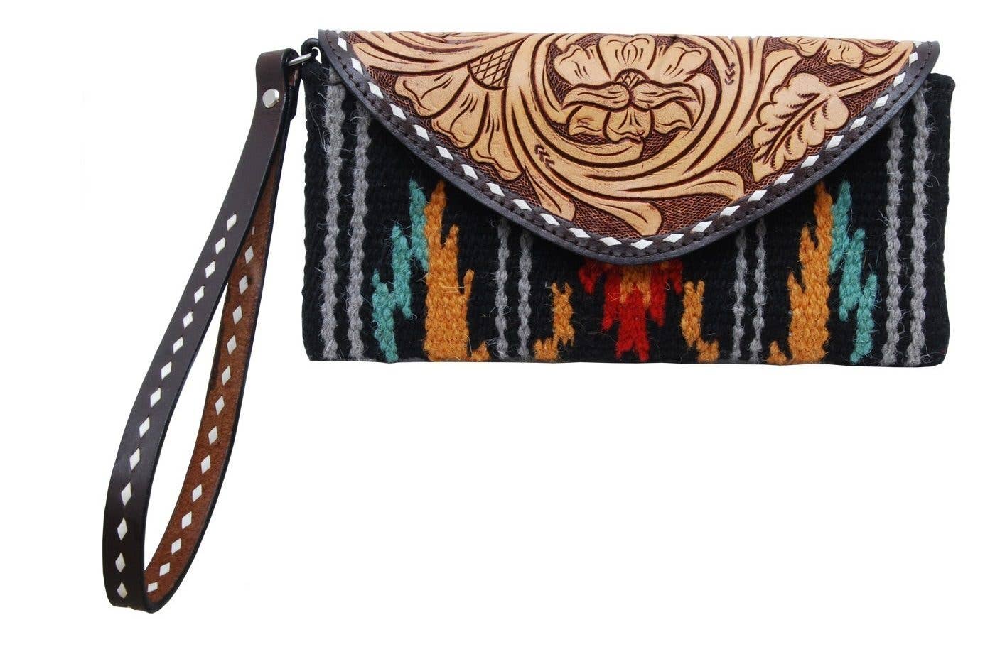 Wristlet With Shoulder Strap, Tooled Flap