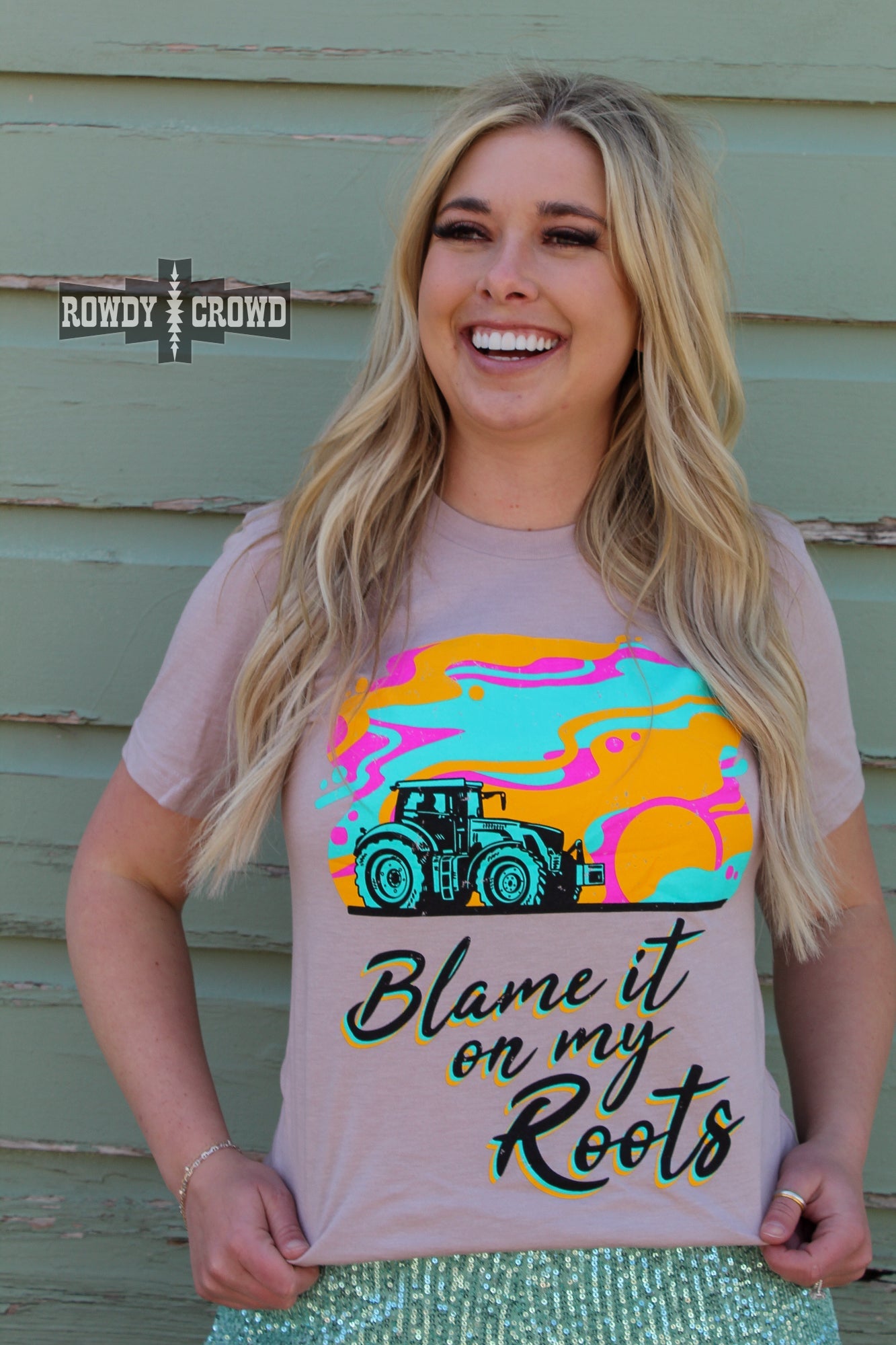 western apparel, western graphic tee, graphic western tees, wholesale clothing, western wholesale, women's western graphic tees, wholesale clothing and jewelry, western boutique clothing, western women's graphic tee, blame it on my roots tee, farming tee, women's farming tee, women's western tee, women's tractor tee