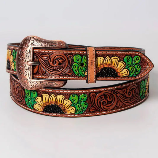 Floral Sunflower Cactus Hand Painted Western Leather Belt
