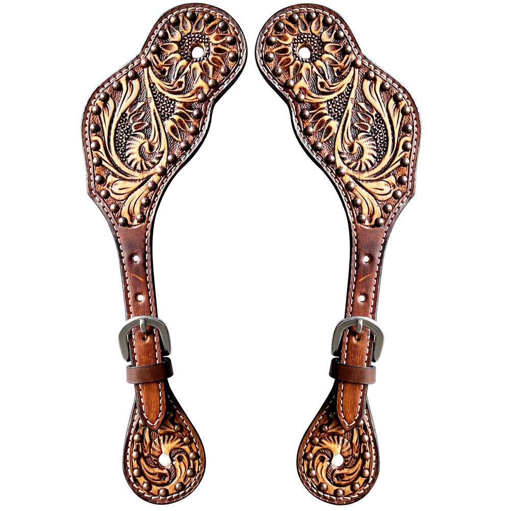 Floral Hand Carved Leather Spur Straps