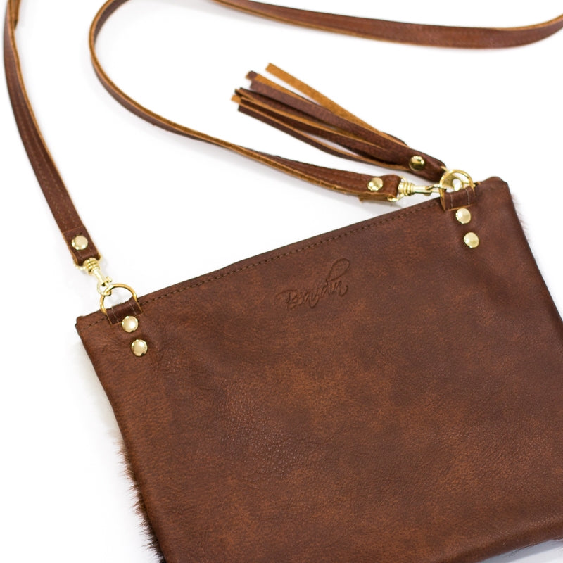 caroline crossbody | brown+white cowhide