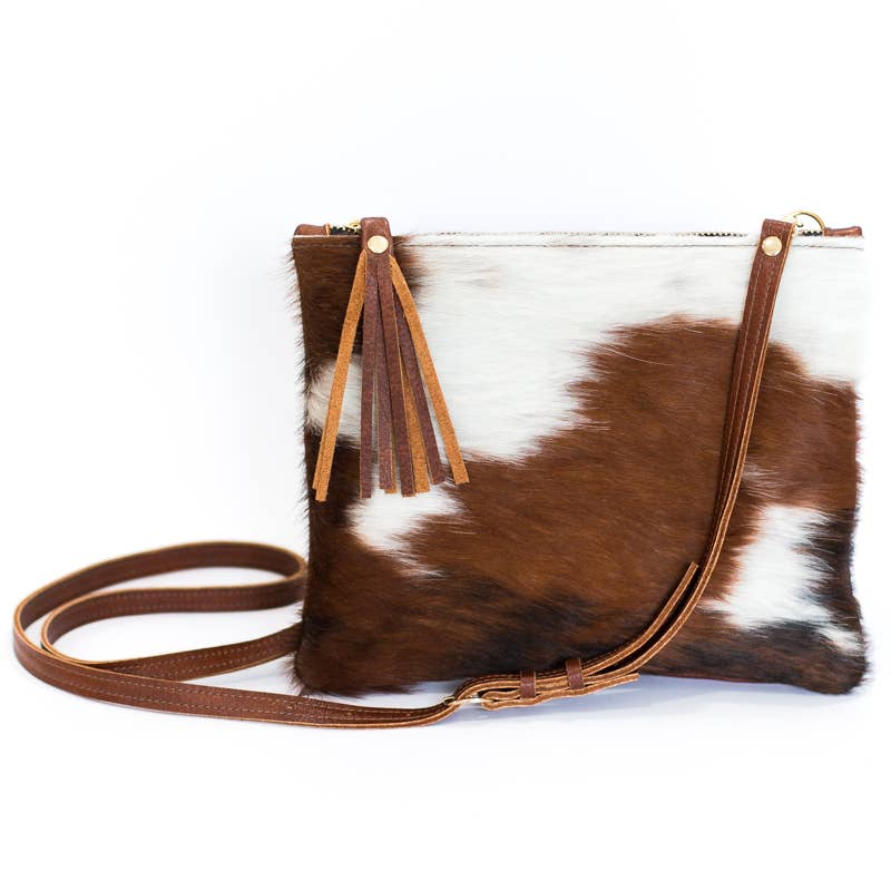 caroline crossbody | brown+white cowhide