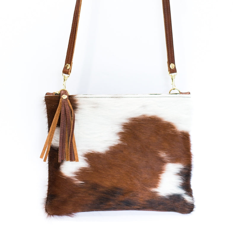 caroline crossbody | brown+white cowhide