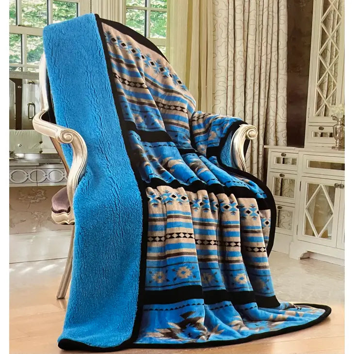 Southwestern Aztec Sherpa Borrego Fleece Throw Turquoise