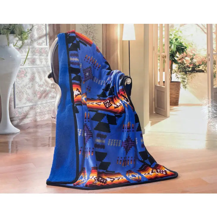 Southwestern Aztec Sherpa Borrego Fleece Throw Blanket Royal Blue