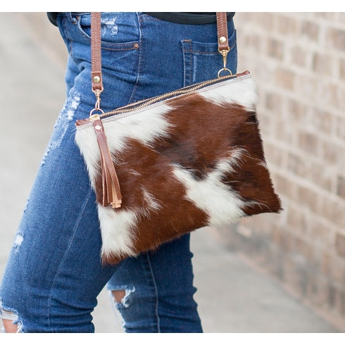 caroline crossbody | brown+white cowhide