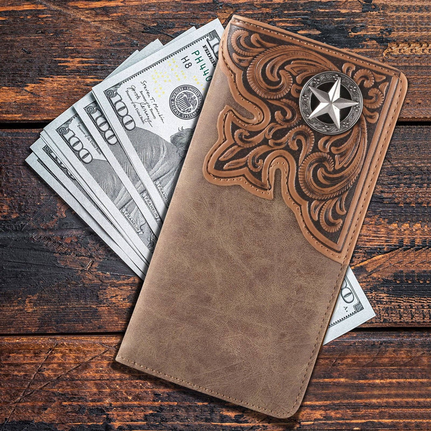 Embossed Lone Star Concho Men's Bifold Long PU Leather Wallet