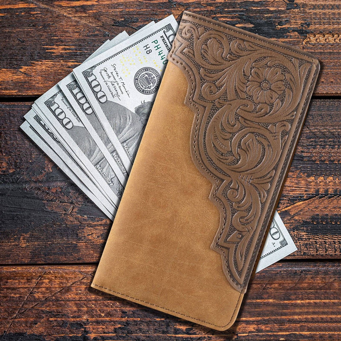 Embossed Floral Men's Bifold Long Leather Wallet