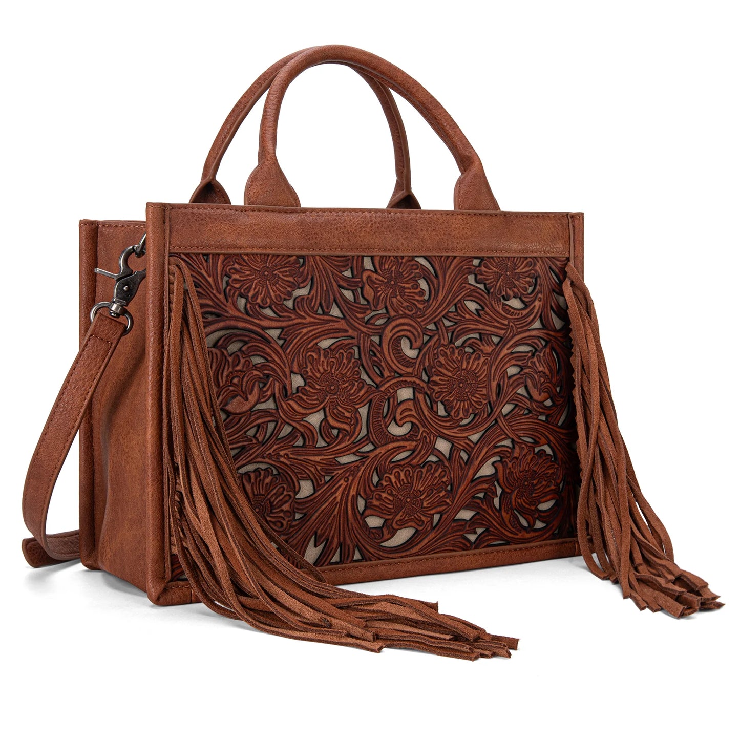 Trinity Ranch Floral Tooled Fringe Concealed Carry Tote/Crossbody