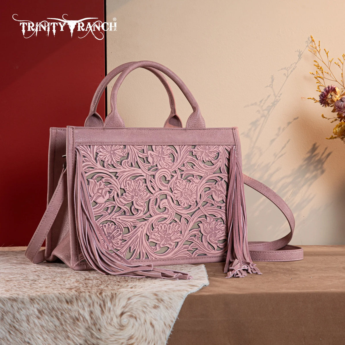 Trinity Ranch Aztec Tooled Fringe Concealed Carry Backpack Burgundy Trinity Ranch Hair-On Fringe Concealed Carry Purse  main image 4
