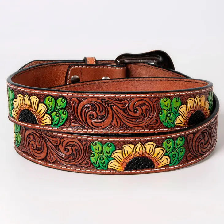 Floral Sunflower Cactus Hand Painted Western Leather Belt