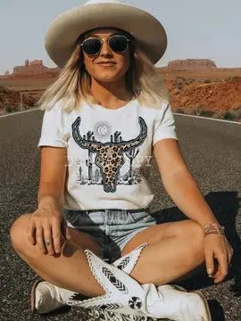 Leopard Bull Skull Desert Western Tee