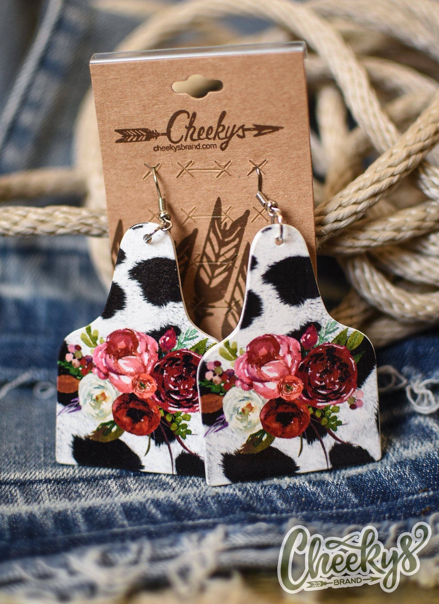 Bessy Floral Cow Print Cow Tag Earrings
