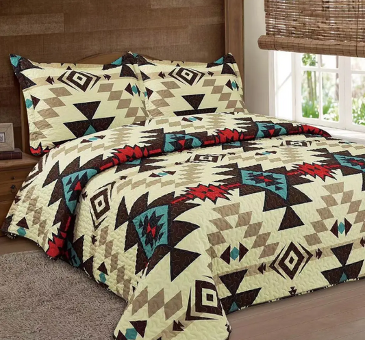 Cream Navajo 3pc Bedspread Quilt