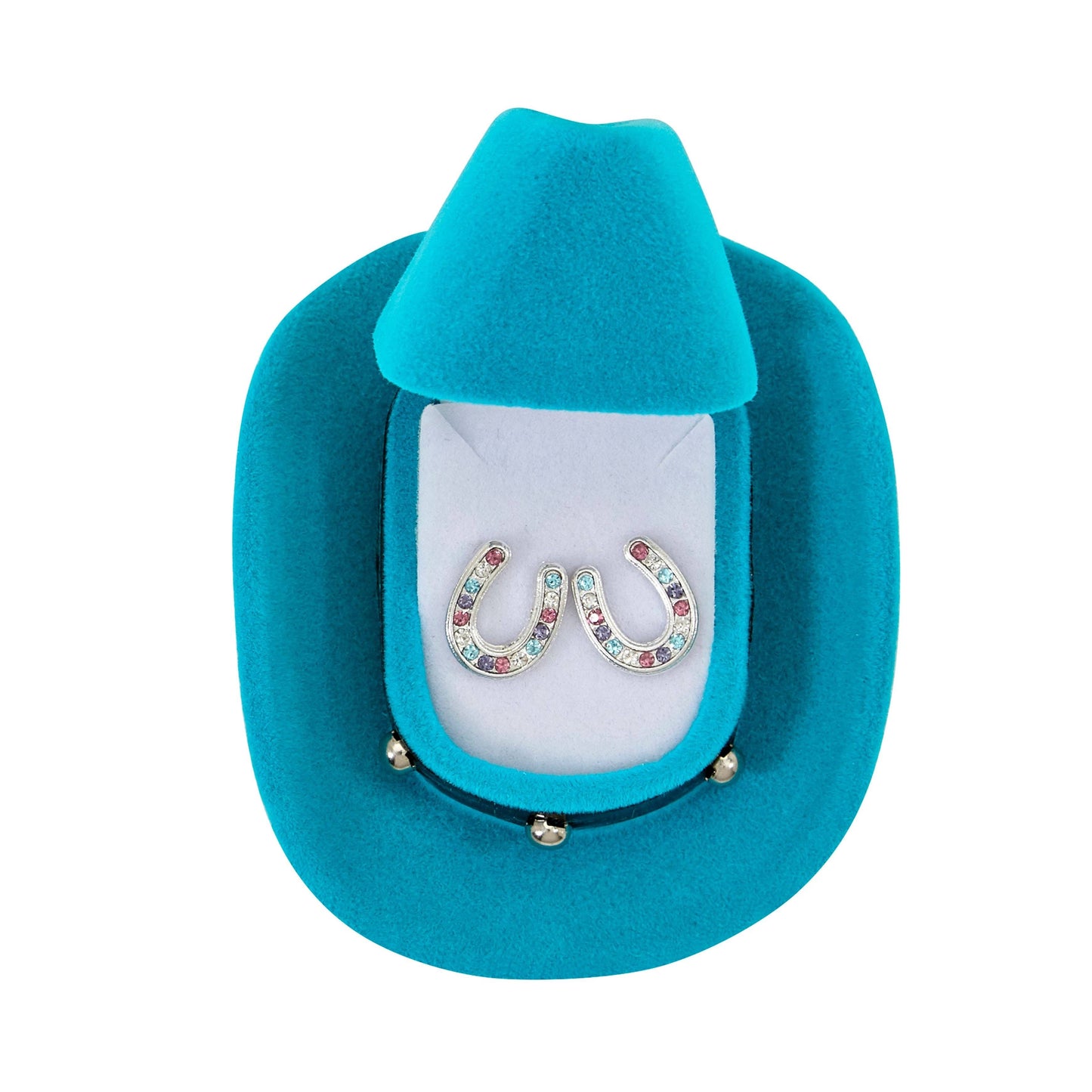 AWST Int'l Multicolored Horseshoes Earrings w/Colorful Cowboy Hat Box